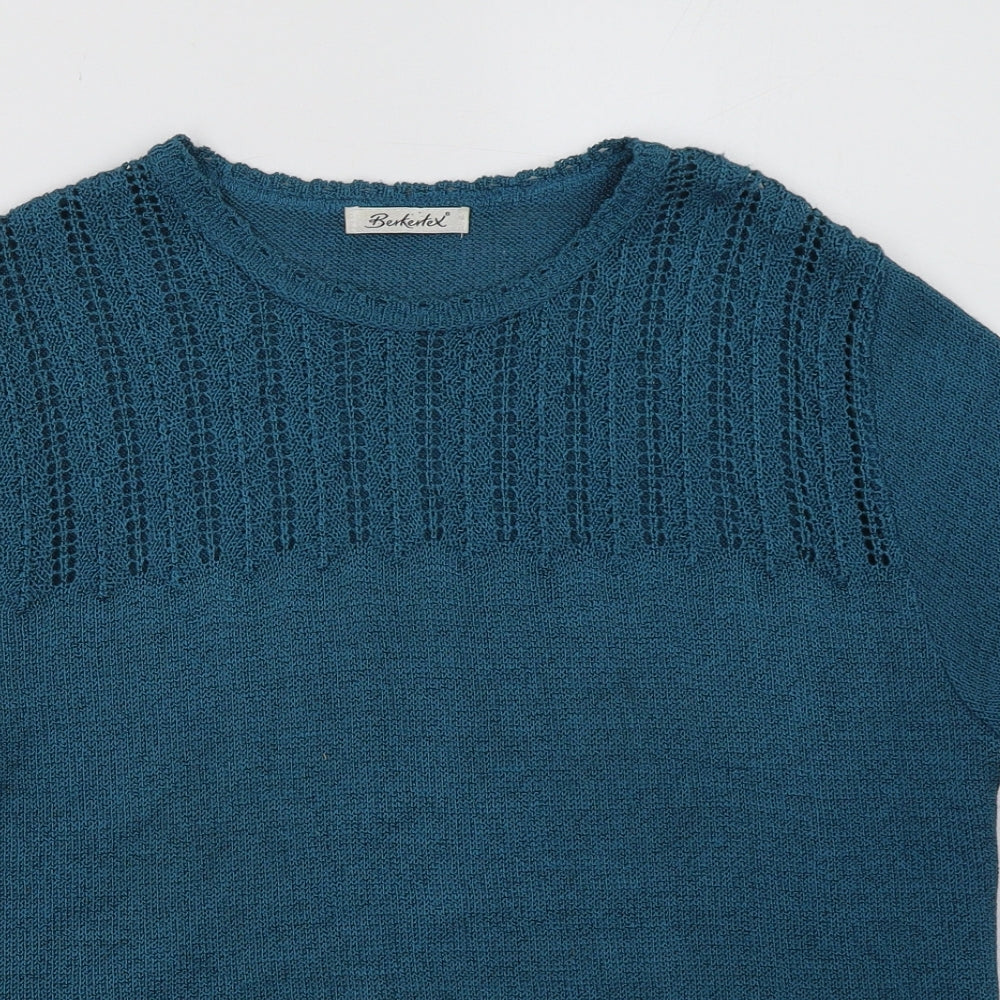 Berkertex Womens Blue Geometric Acrylic Basic T-Shirt Size 16 Crew Neck