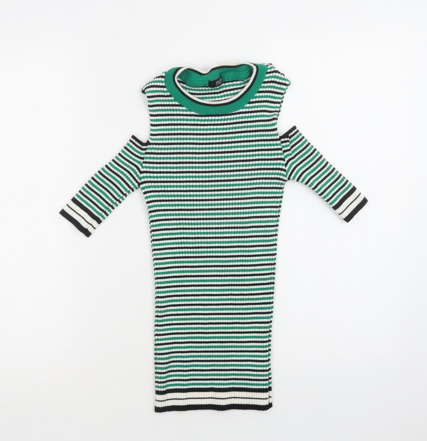 F&F Womens Green Crew Neck Striped Acrylic Pullover Jumper Size S   - Cold Shoulder