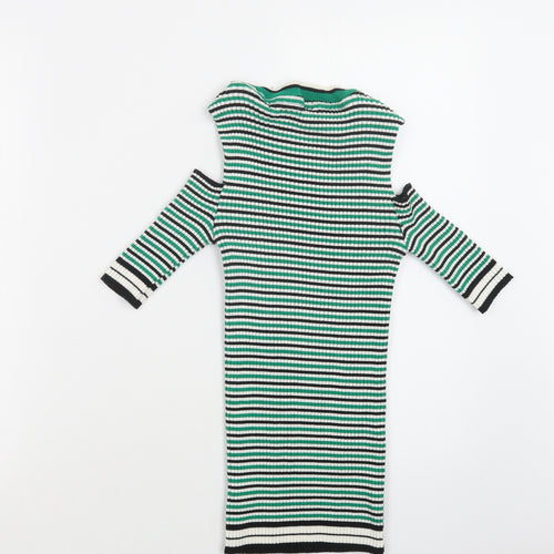 F&F Womens Green Crew Neck Striped Acrylic Pullover Jumper Size S   - Cold Shoulder