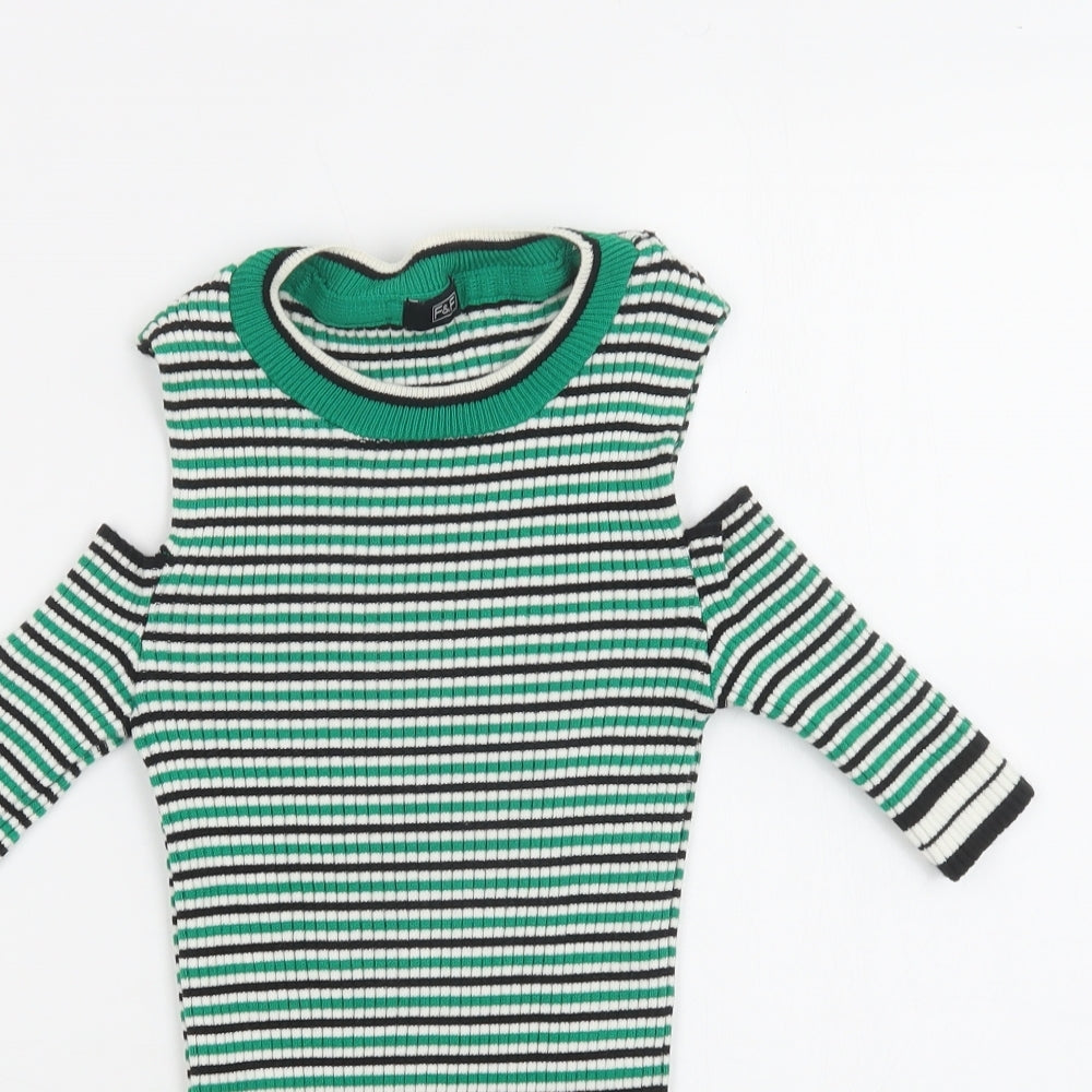 F&F Womens Green Crew Neck Striped Acrylic Pullover Jumper Size S   - Cold Shoulder