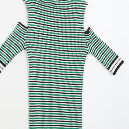 F&F Womens Green Crew Neck Striped Acrylic Pullover Jumper Size S   - Cold Shoulder