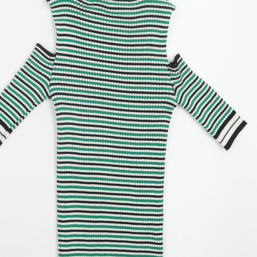 F&F Womens Green Crew Neck Striped Acrylic Pullover Jumper Size S   - Cold Shoulder