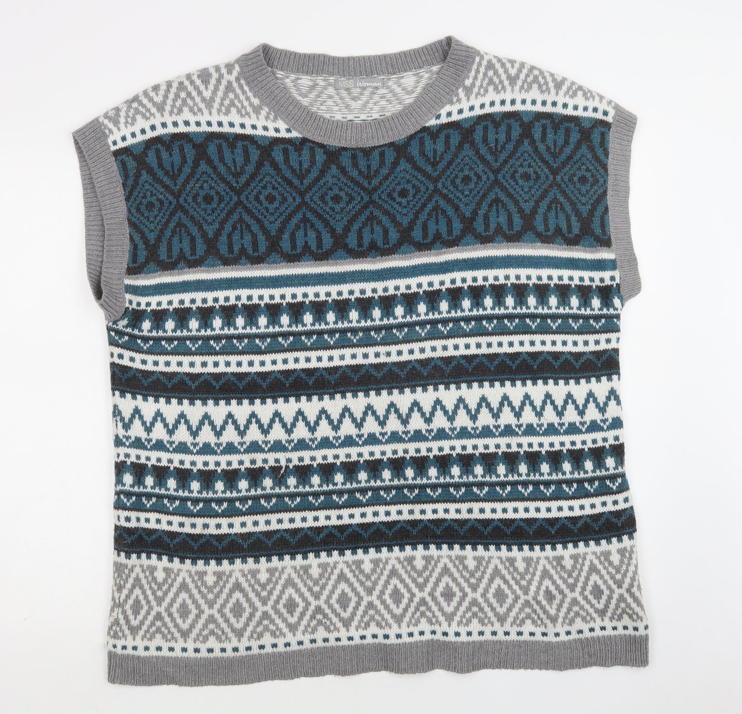 M&S Womens Green Crew Neck Fair Isle Acrylic Vest Jumper Size 14