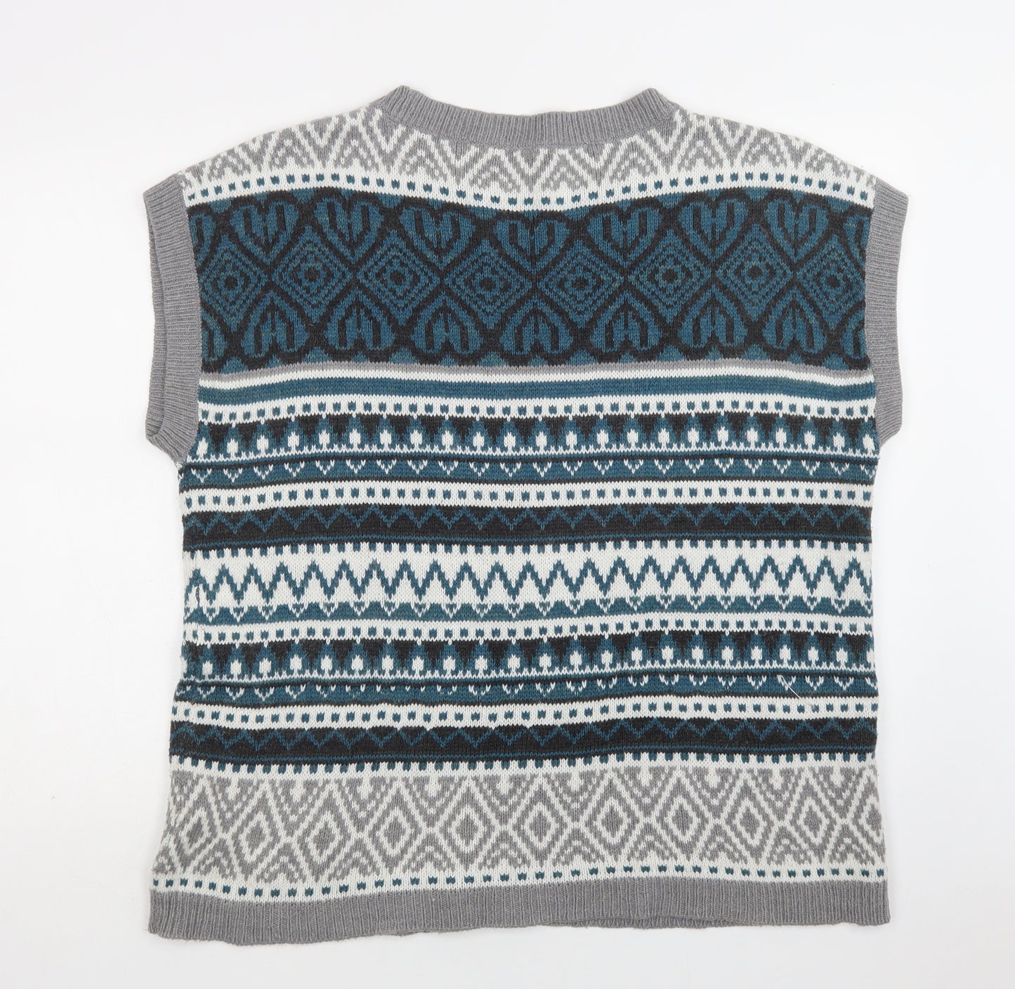 M&S Womens Green Crew Neck Fair Isle Acrylic Vest Jumper Size 14