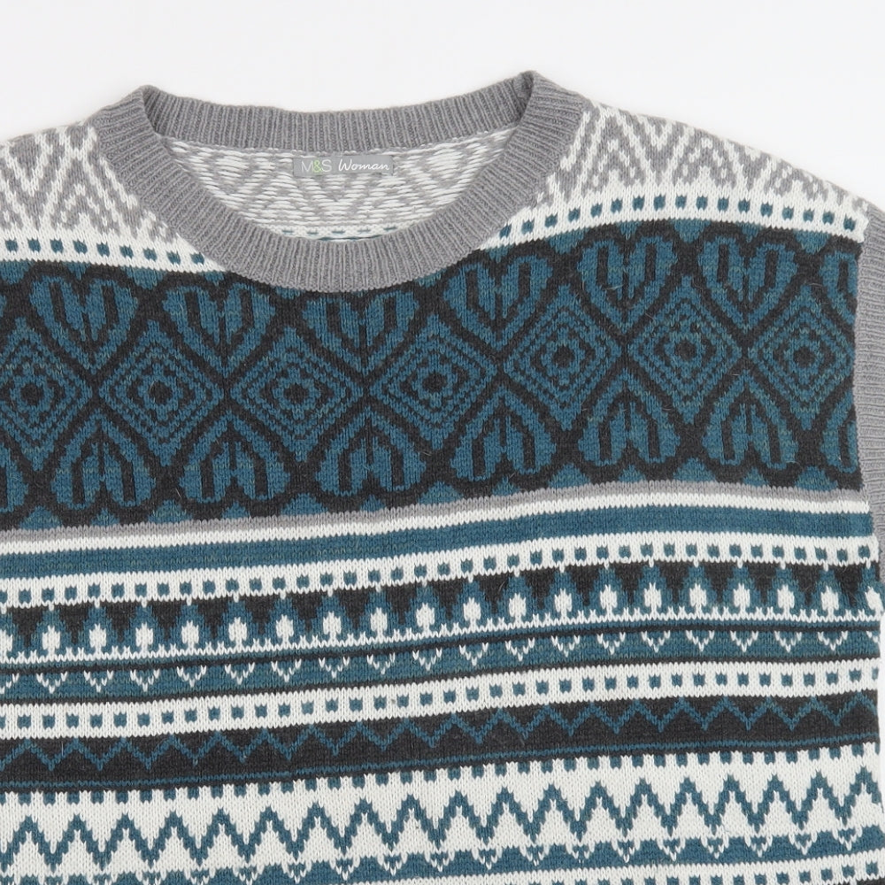 M&S Womens Green Crew Neck Fair Isle Acrylic Vest Jumper Size 14