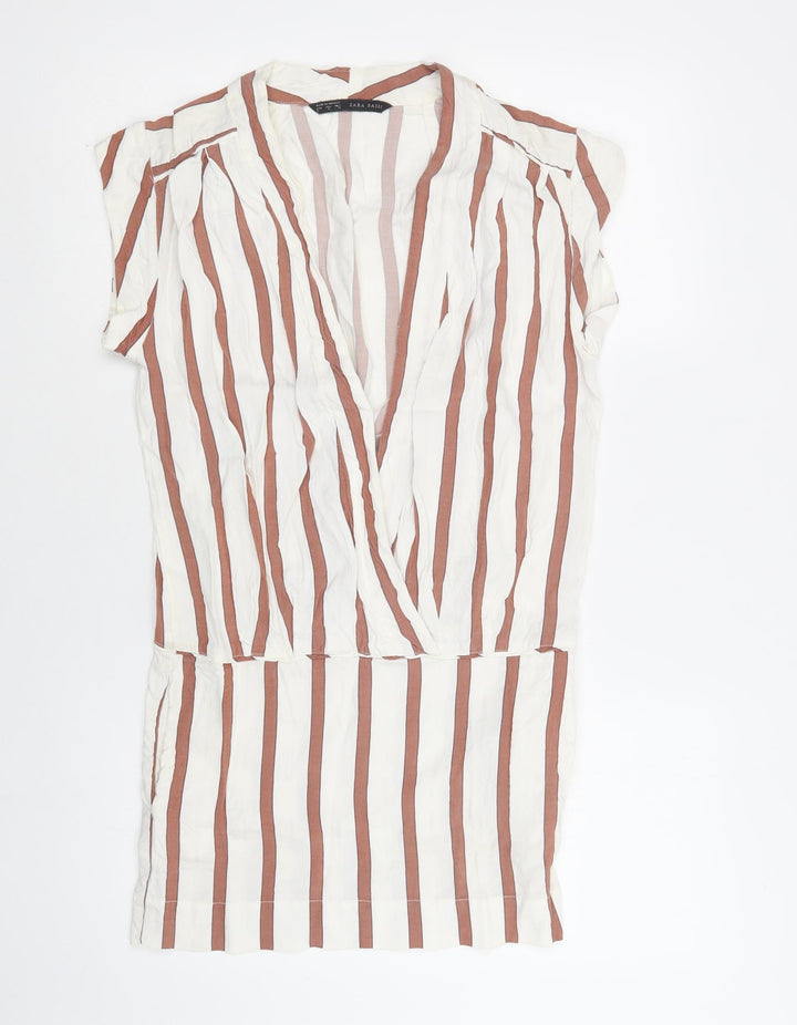 Zara Womens White Striped Viscose Bodycon Size S V-Neck