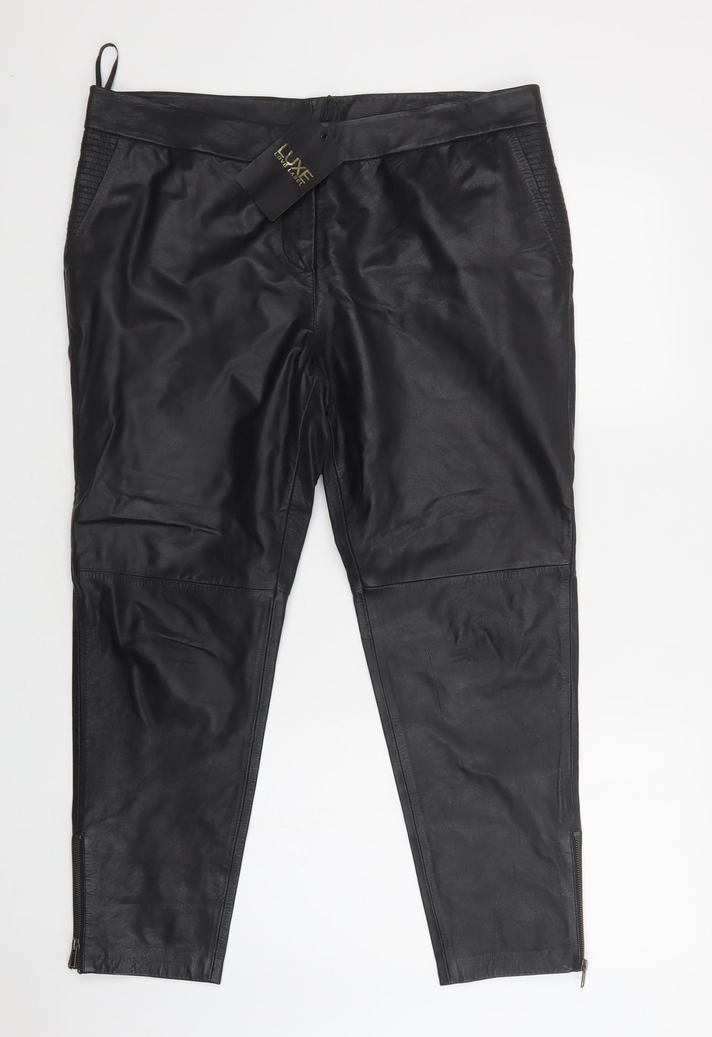Luxe Love Label Womens Black  Leather Trousers  Size 16 L27 in Regular Hook & Loop