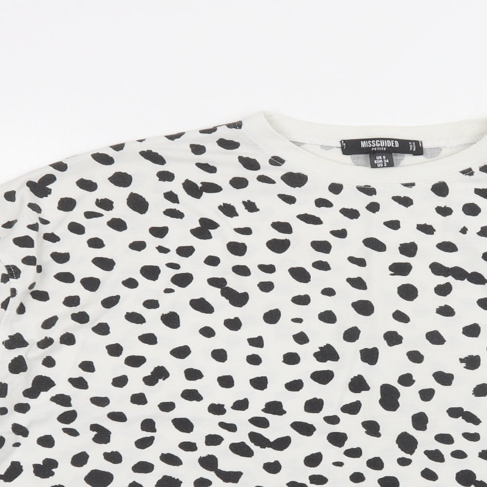 Missguided Womens White Animal Print Cotton Basic Blouse Size 6 Crew Neck