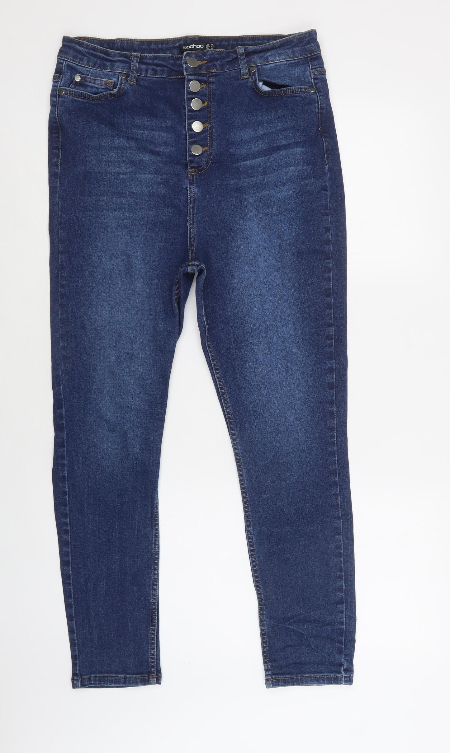 Boohoo Womens Blue  Cotton Skinny Jeans Size 14 L29 in Regular Button
