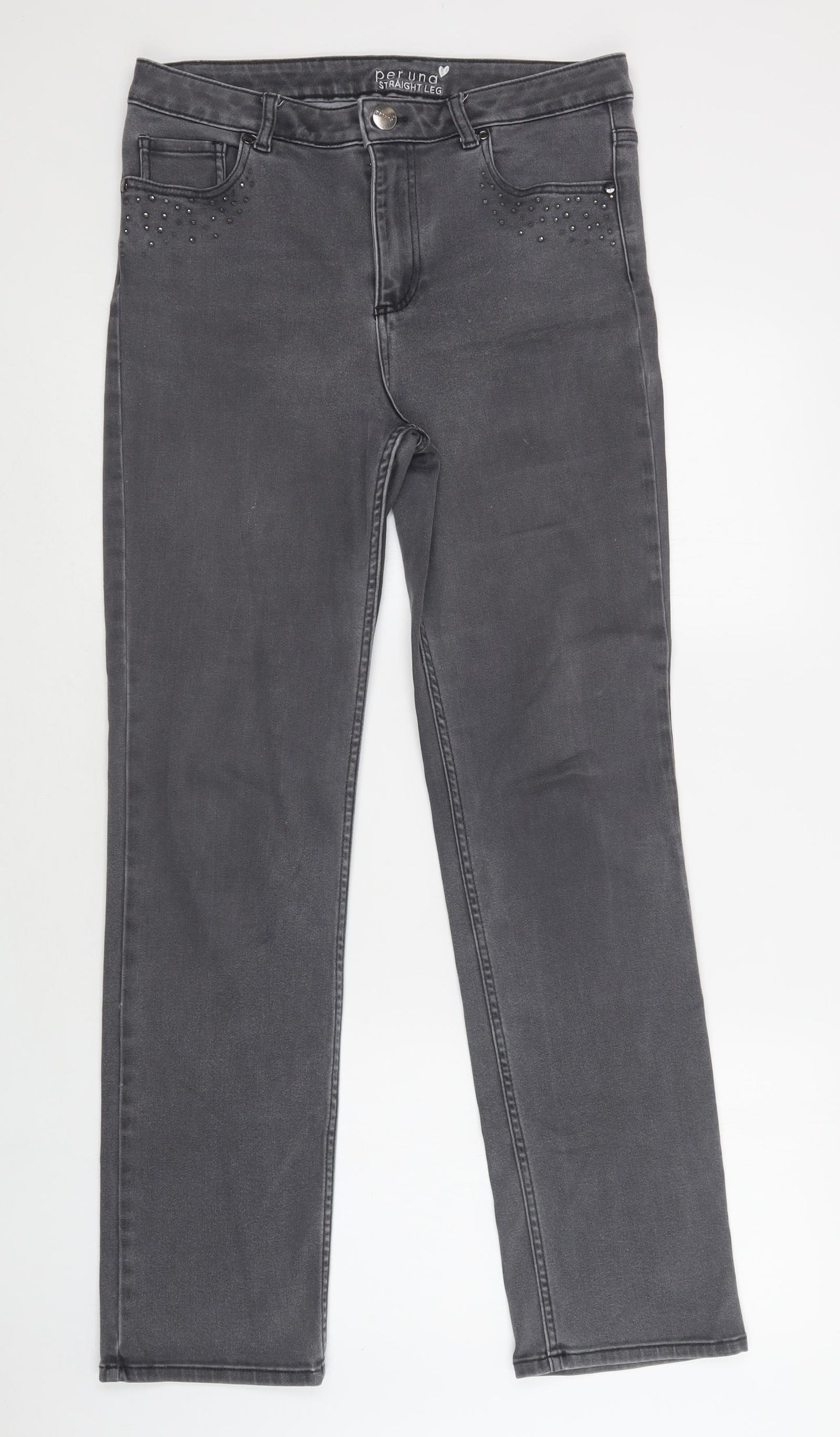Per Una Womens Grey  Cotton Straight Jeans Size 12 L32 in Regular Button