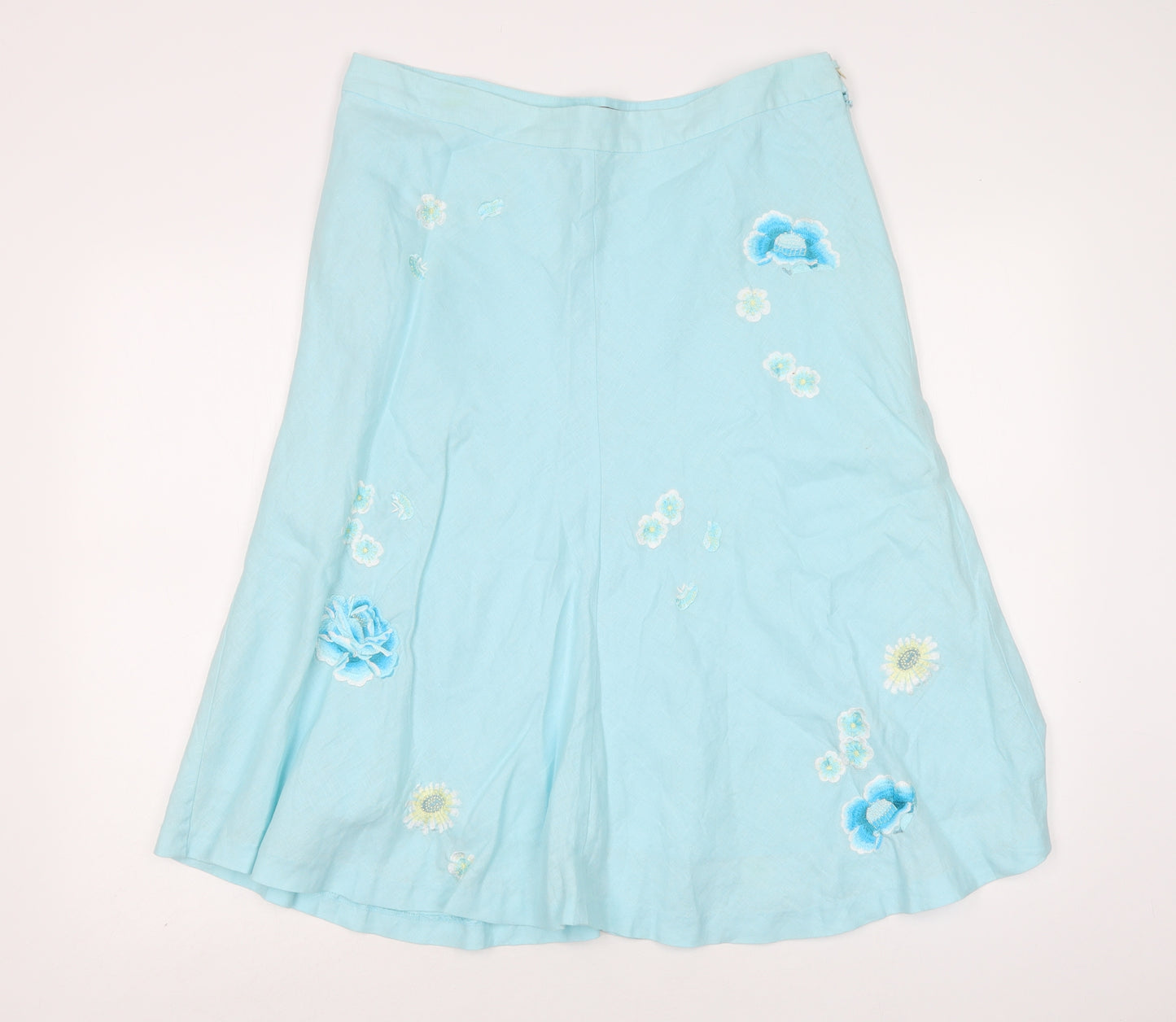 DASH Womens Blue Floral Linen A-Line Skirt Size 16   Zip