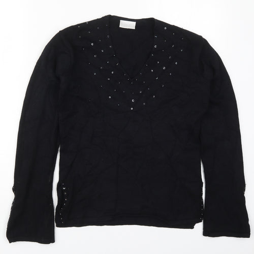 Off Shoot Womens Black V-Neck  Rayon Pullover Jumper Size S