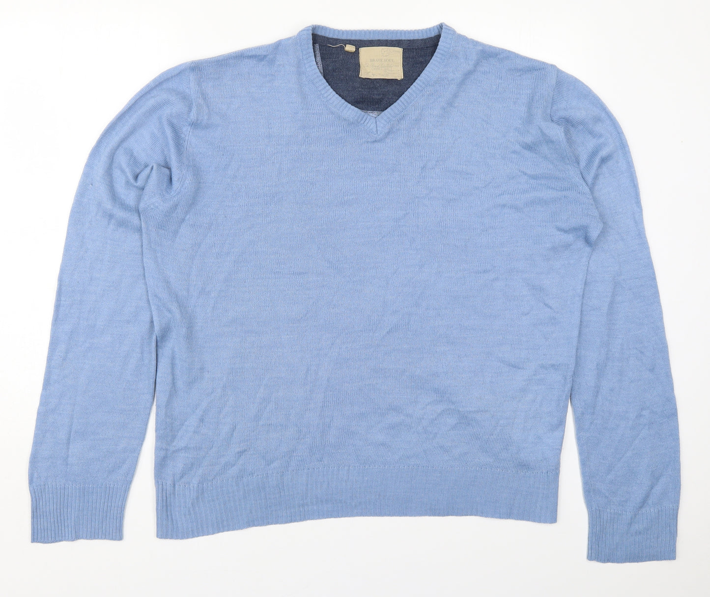 Brave Soul Mens Blue V-Neck  Acrylic Pullover Jumper Size XL