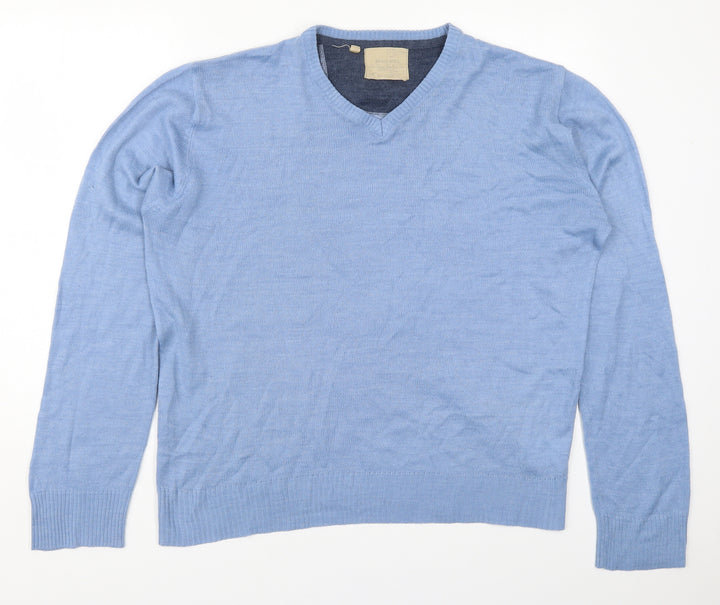 Brave Soul Mens Blue V-Neck Acrylic Pullover Jumper Size XL