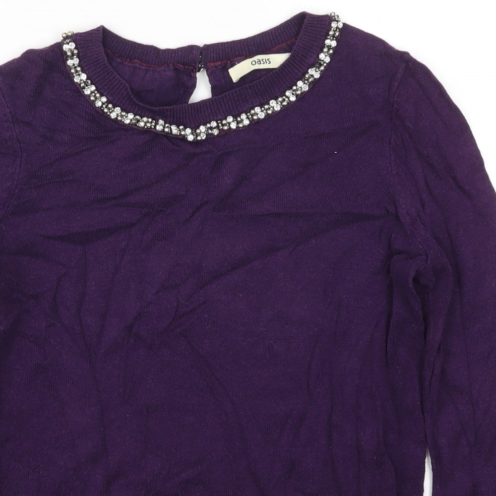 Oasis Womens Purple Round Neck  Cotton Pullover Jumper Size XS