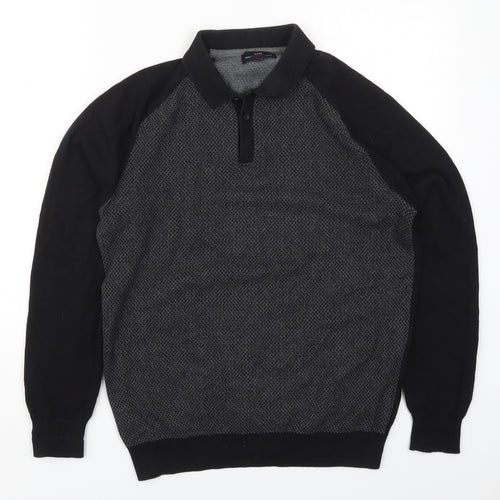 Easy Womens Black Collared Geometric Cotton Pullover Jumper Size M