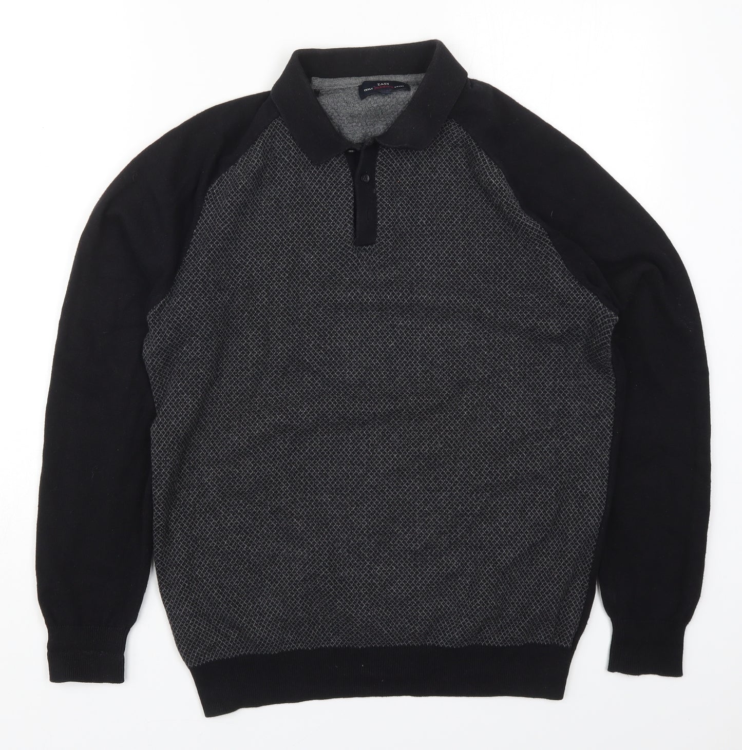 Easy Womens Black Collared Geometric Cotton Pullover Jumper Size M
