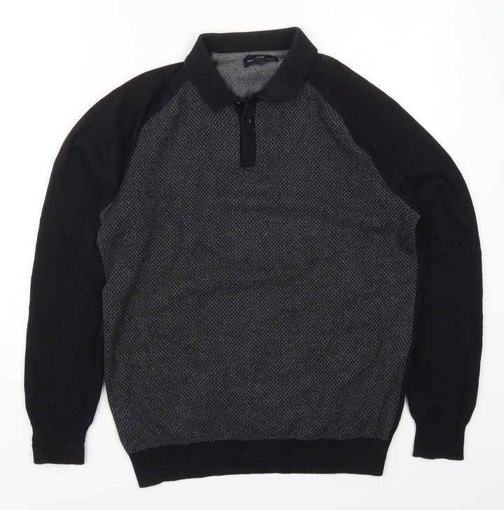 Easy Womens Black Collared Geometric Cotton Pullover Jumper Size M