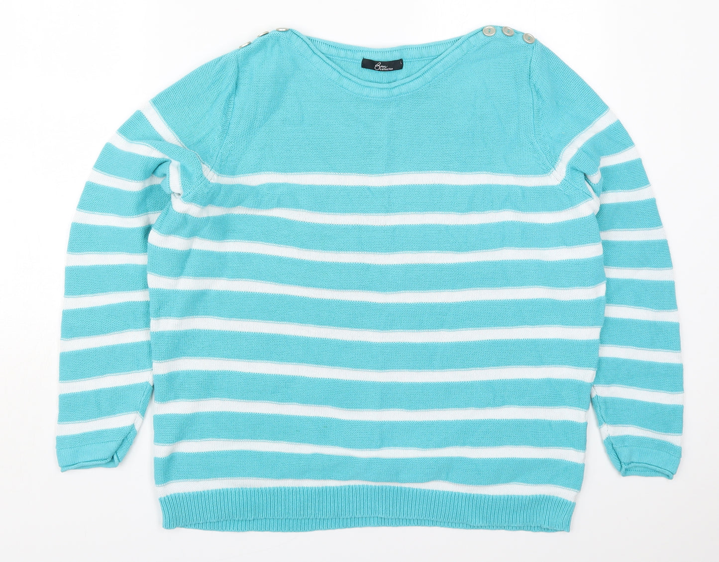Bonmarché Womens Blue Round Neck Striped Cotton Pullover Jumper Size L