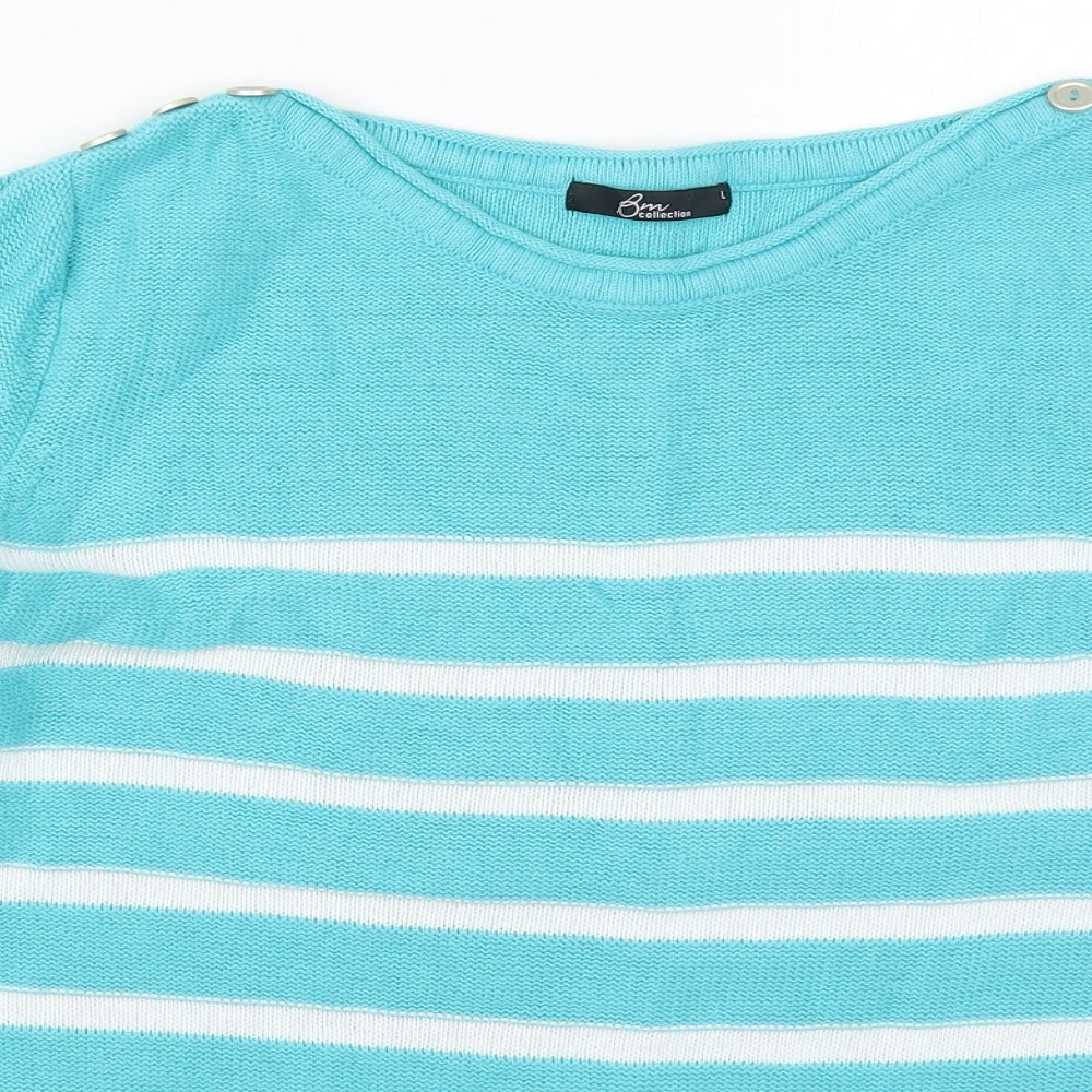 Bonmarché Womens Blue Round Neck Striped Cotton Pullover Jumper Size L