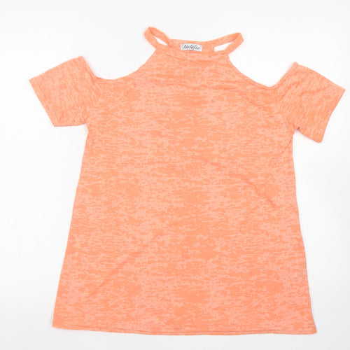 Natalia Womens Orange Camouflage Polyester Basic T-Shirt Size S Round Neck - Cold Shoulder