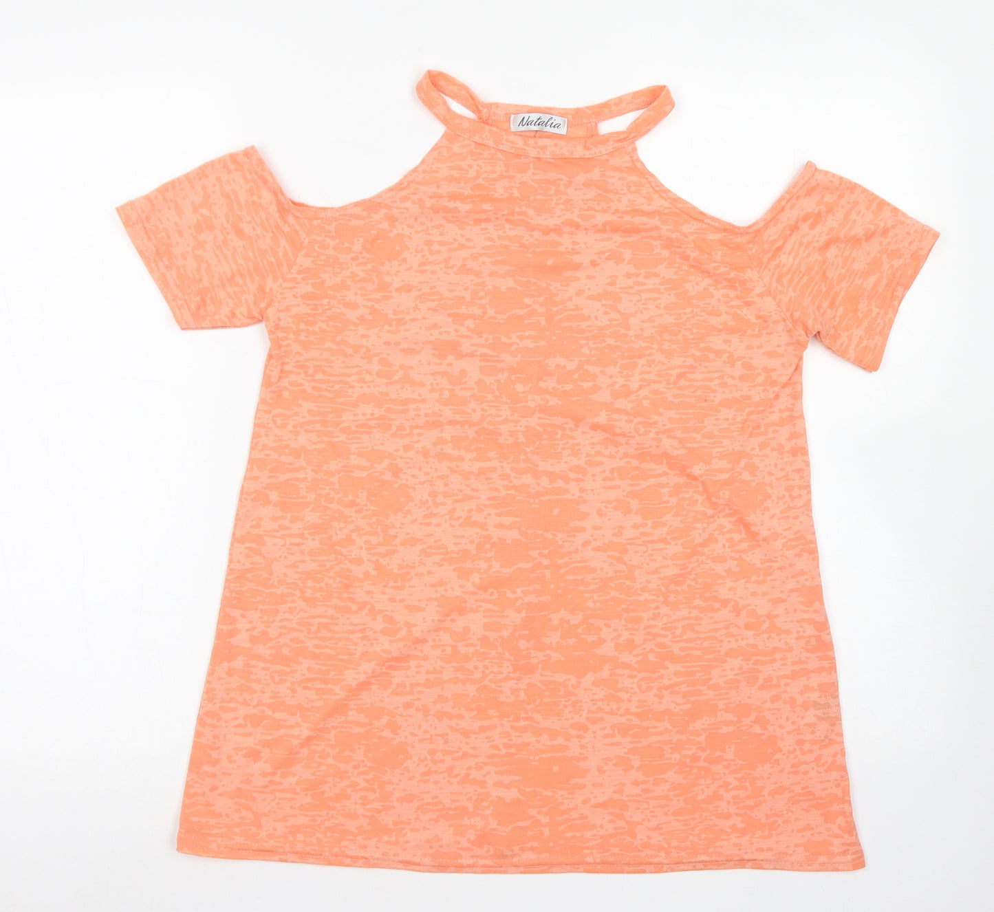 Natalia Womens Orange Camouflage Polyester Basic T-Shirt Size S Round Neck - Cold Shoulder
