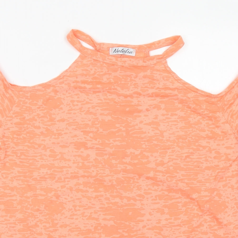 Natalia Womens Orange Camouflage Polyester Basic T-Shirt Size S Round Neck - Cold Shoulder