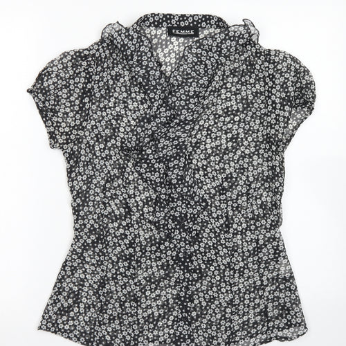 Femme Womens Black Floral Polyester Basic Blouse Size 12 Collared