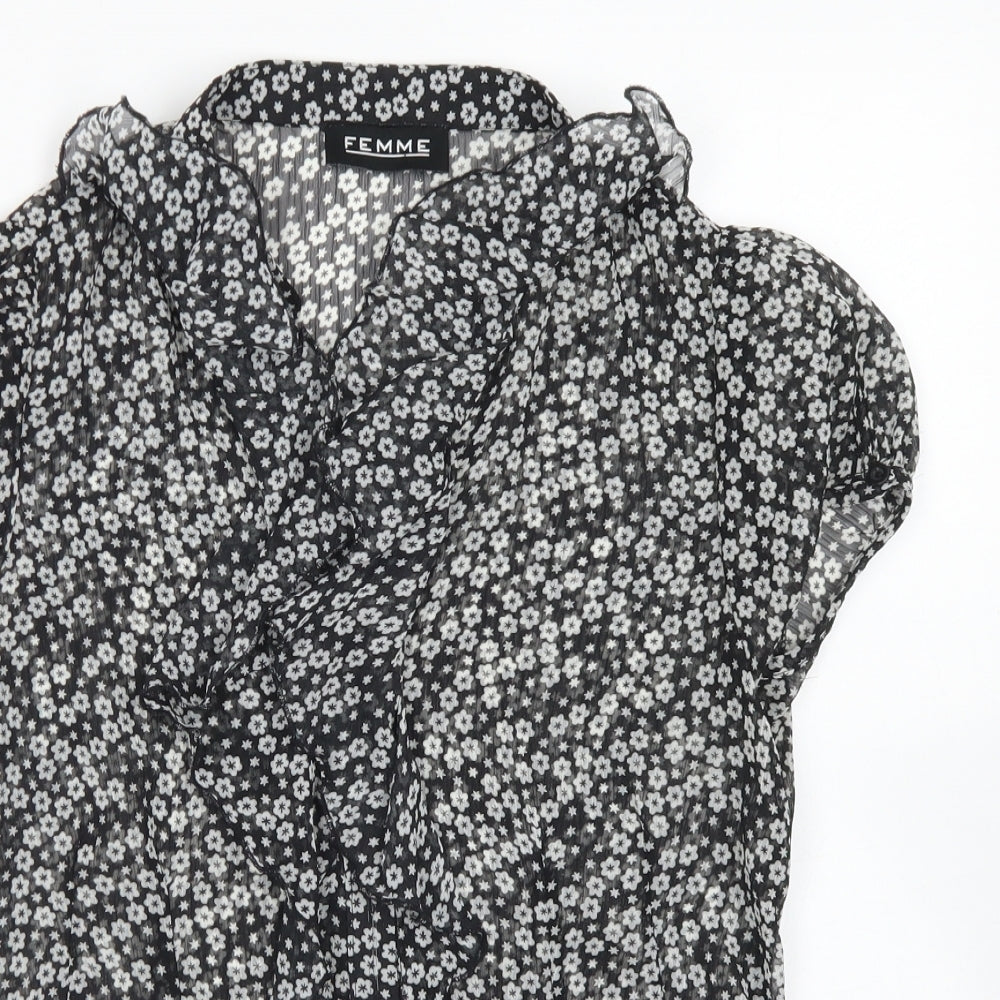 Femme Womens Black Floral Polyester Basic Blouse Size 12 Collared