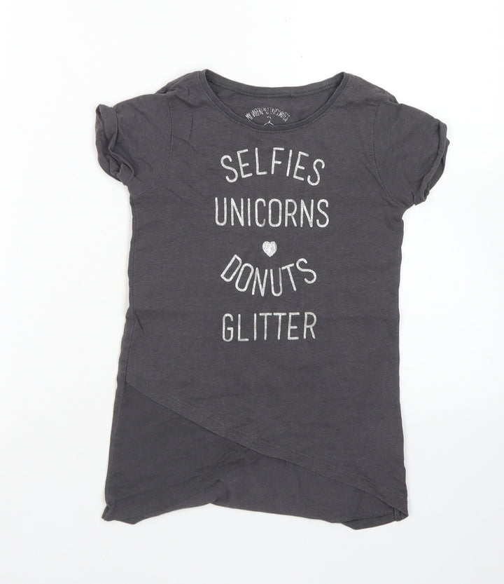 Matalan Girls Grey Cotton Basic T-Shirt Size 6 Years Crew Neck