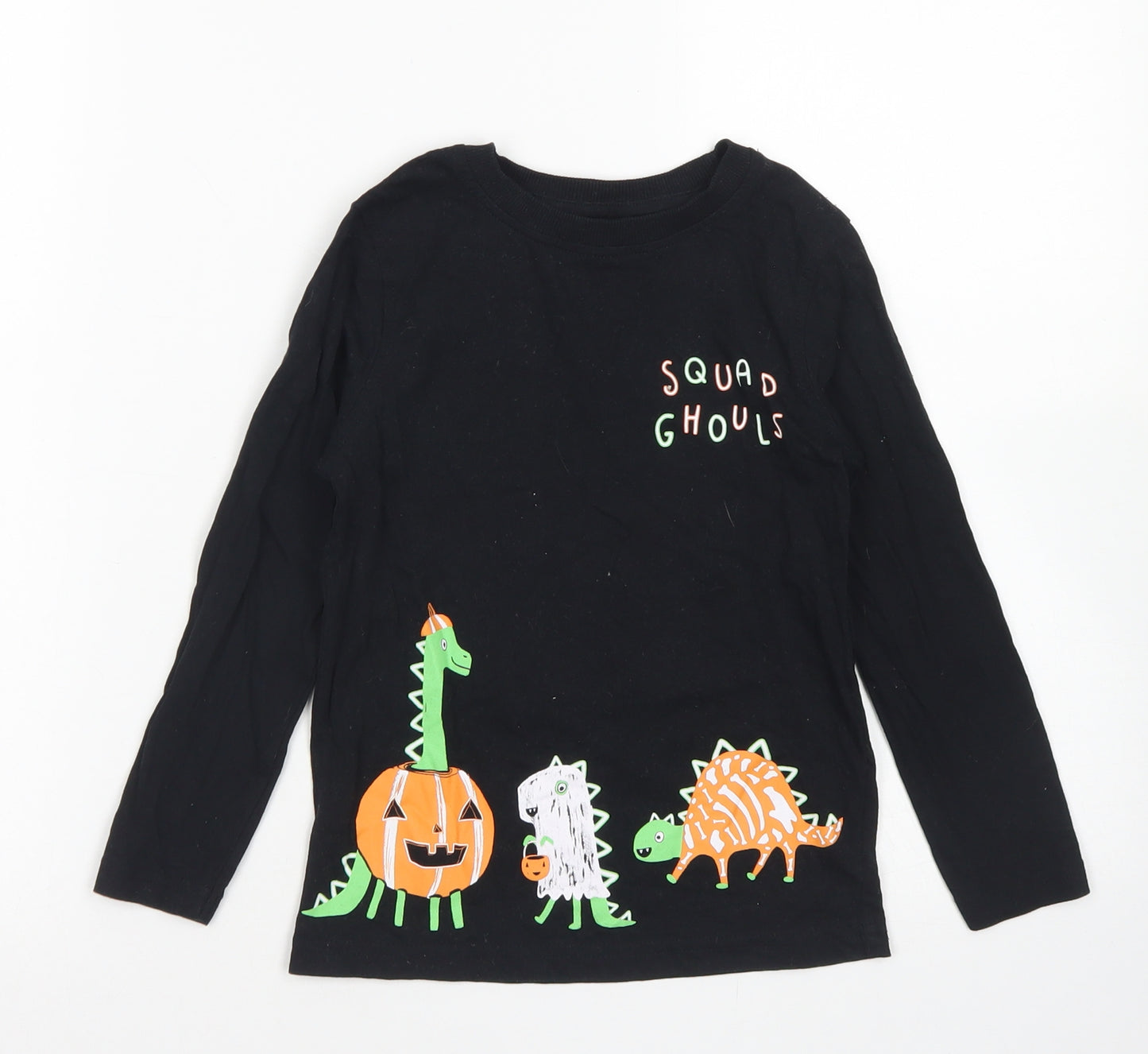 George Boys Black  Cotton Basic T-Shirt Size 5-6 Years Crew Neck  - Halloween Dinosaurs Pumpkin