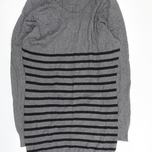 NEXT Womens Grey V-Neck Striped Cotton Tunic Jumper Size 8