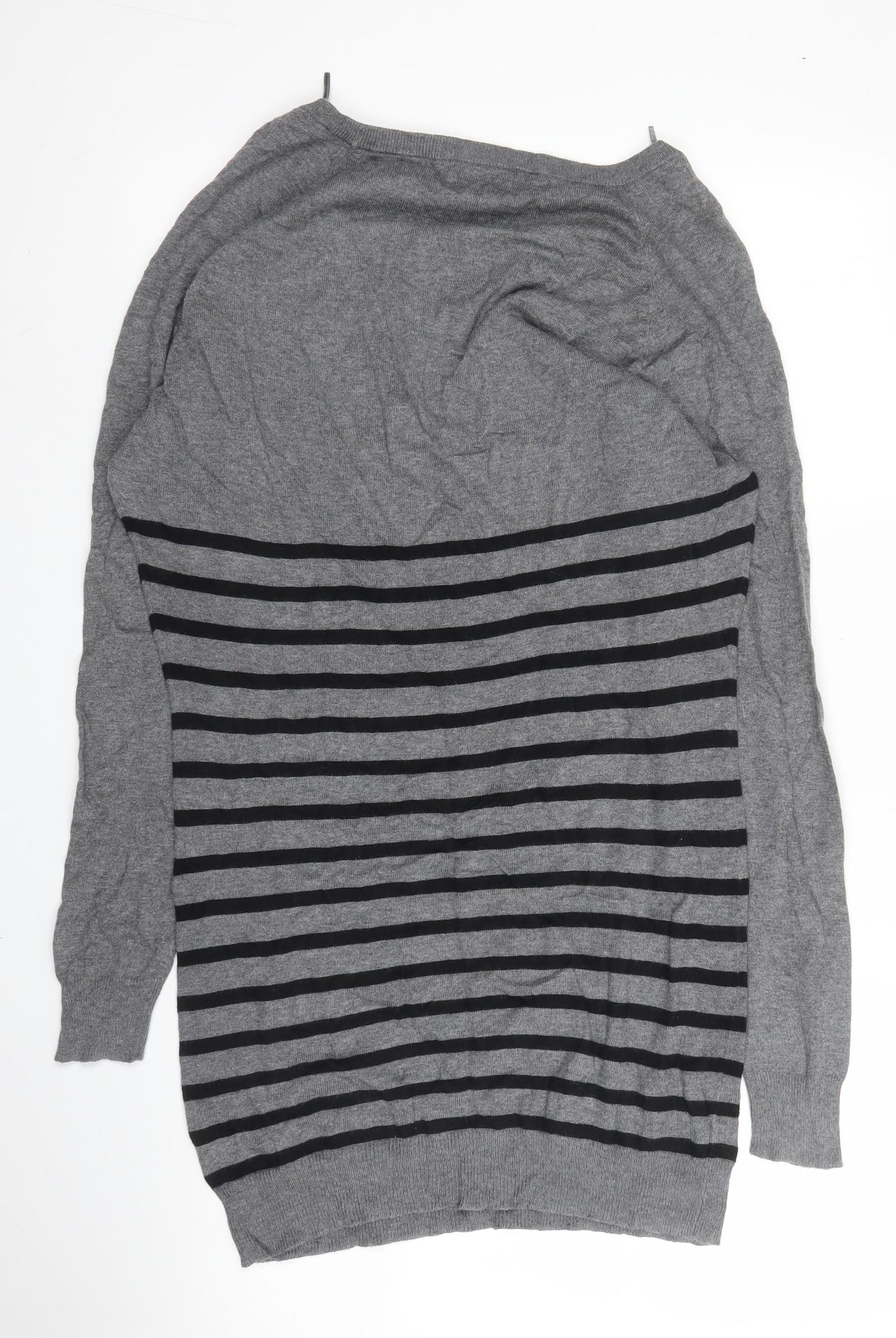 NEXT Womens Grey V-Neck Striped Cotton Tunic Jumper Size 8