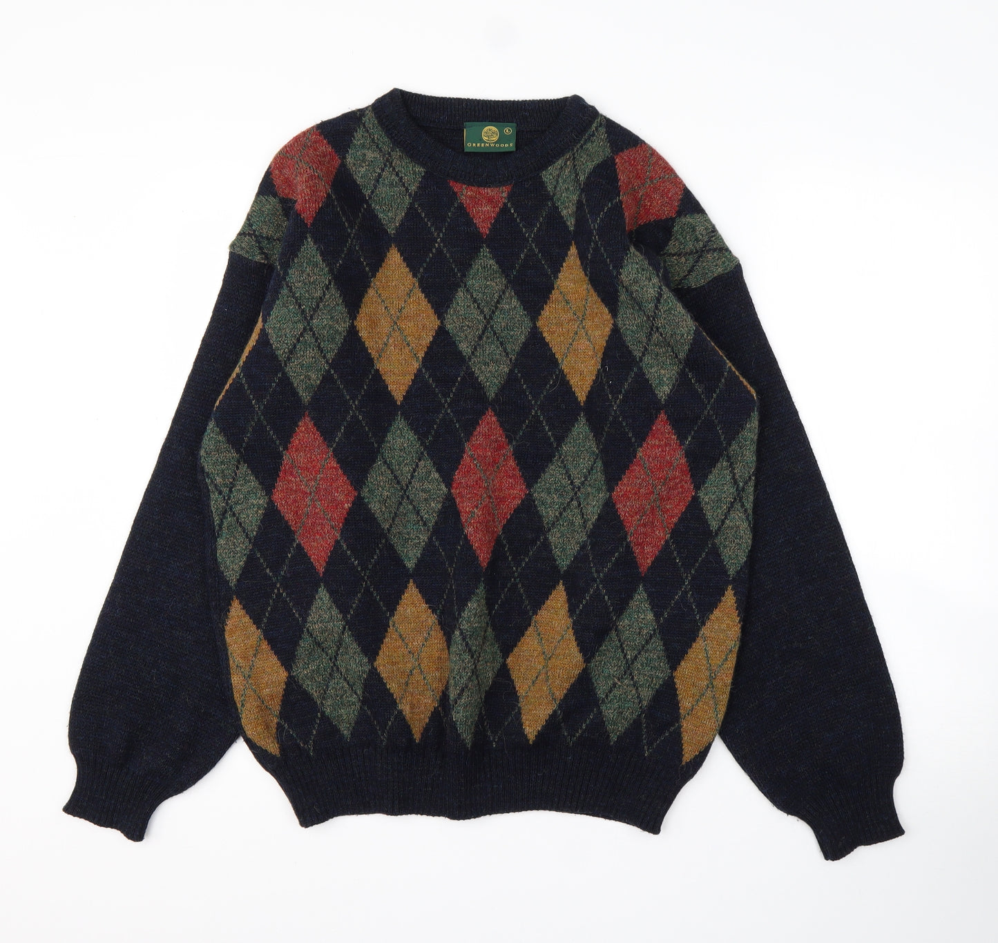 Greenwoods Mens Blue Round Neck Argyle/Diamond Acrylic Pullover Jumper Size L