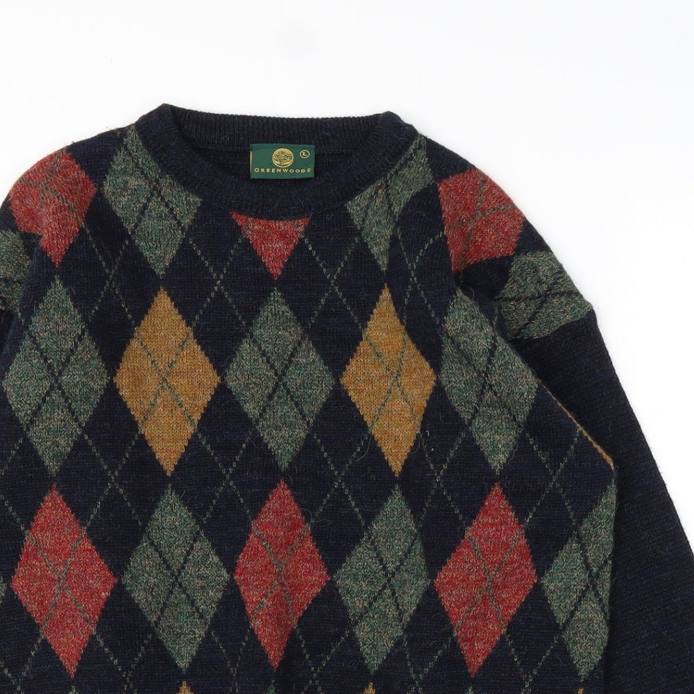 Greenwoods Mens Blue Round Neck Argyle/Diamond Acrylic Pullover Jumper Size L