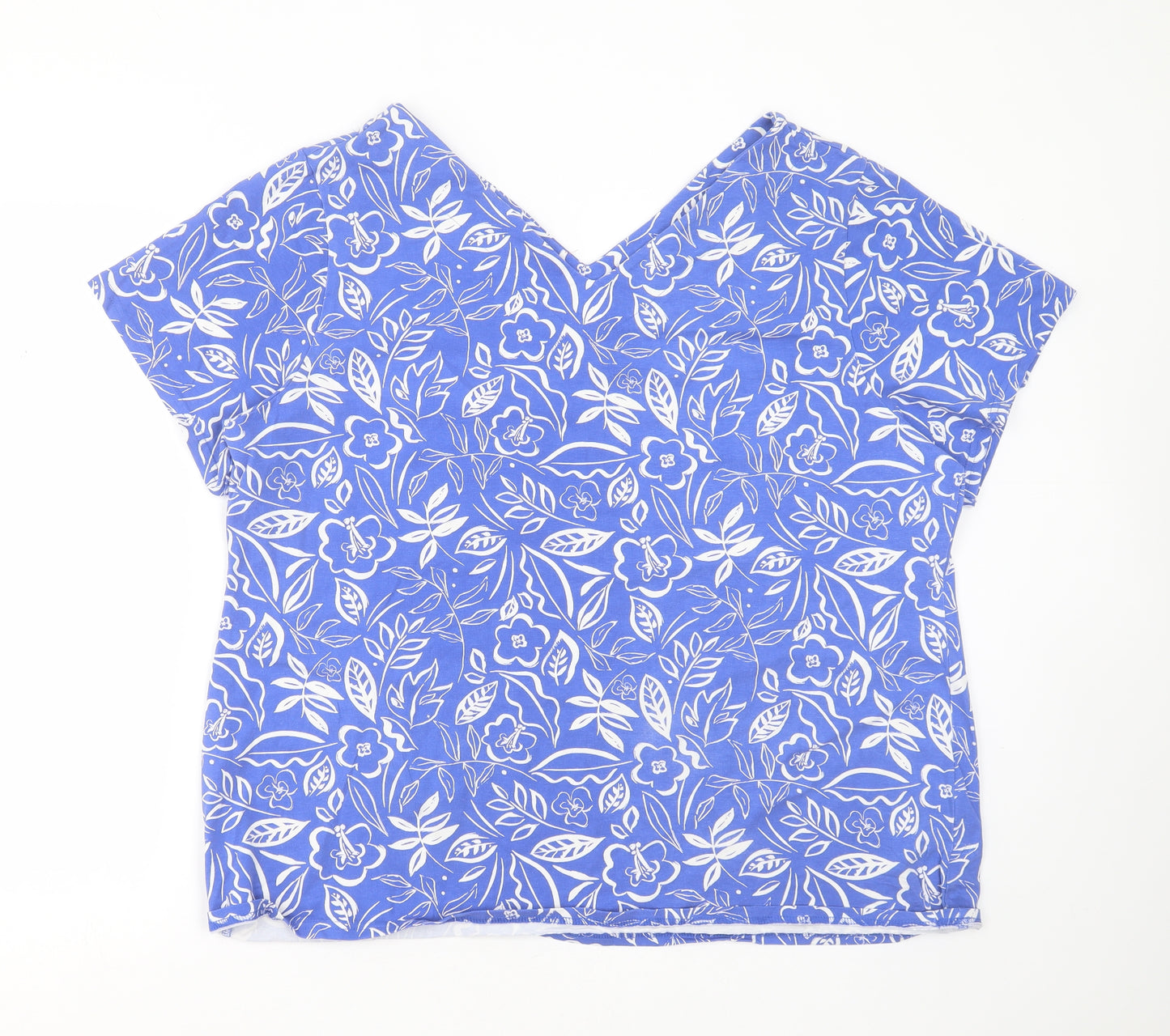 Nutmeg Womens Blue Floral Cotton Basic T-Shirt Size 24 V-Neck