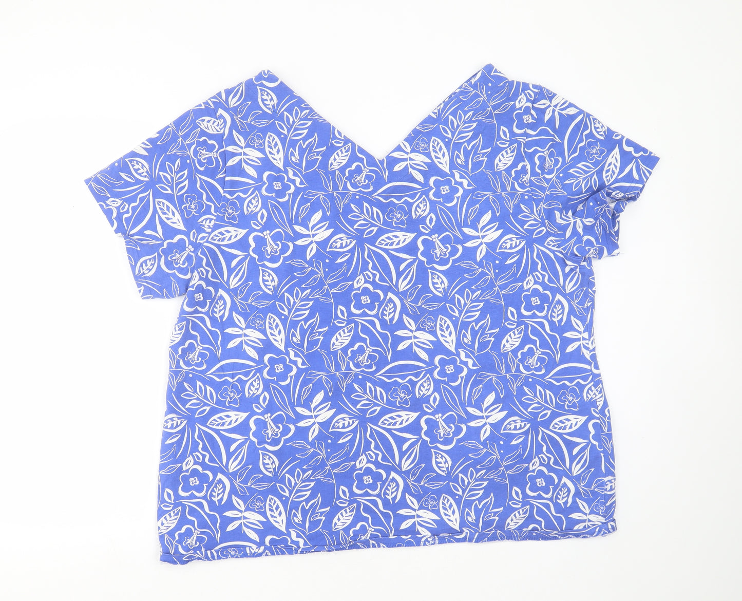 Nutmeg Womens Blue Floral Cotton Basic T-Shirt Size 24 V-Neck