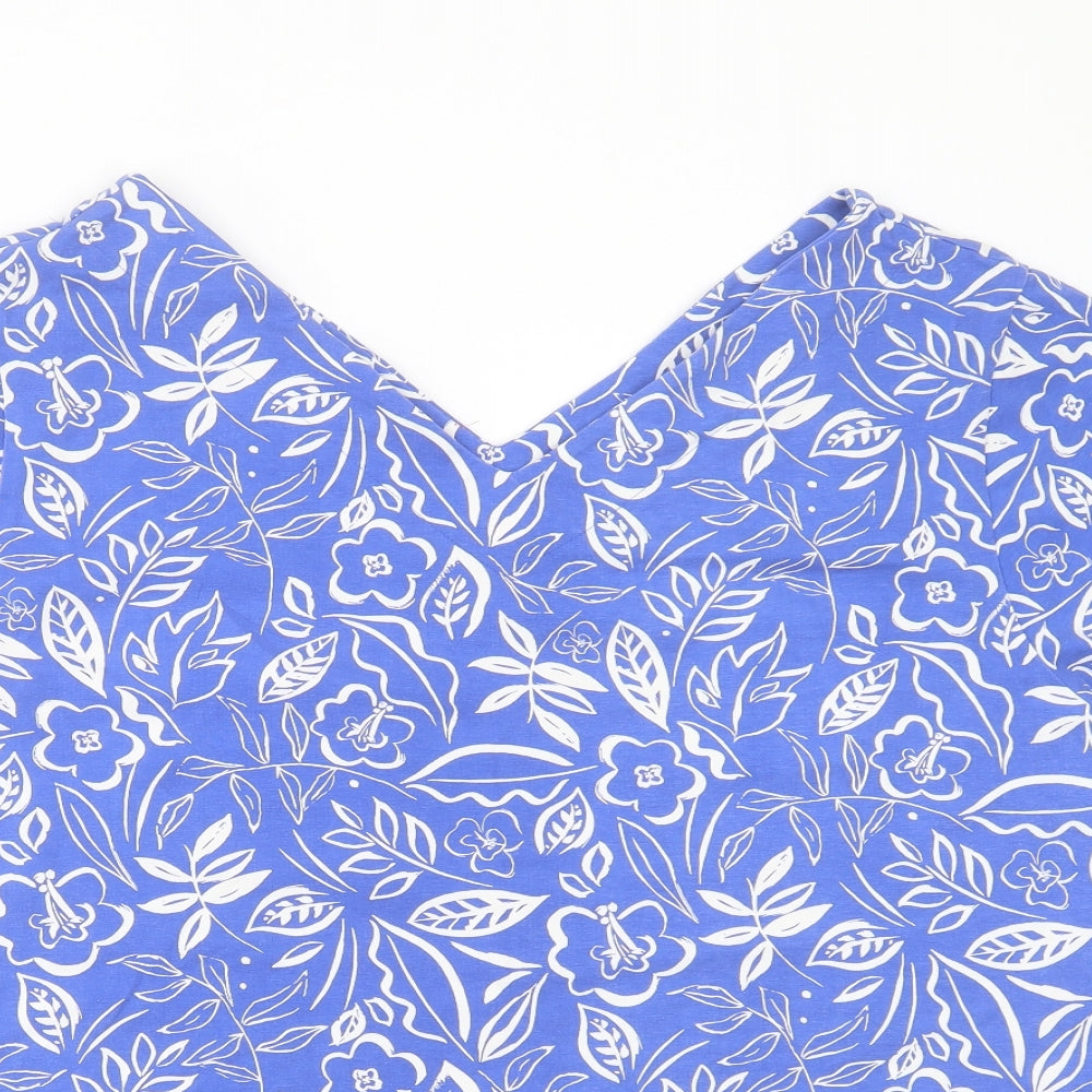 Nutmeg Womens Blue Floral Cotton Basic T-Shirt Size 24 V-Neck