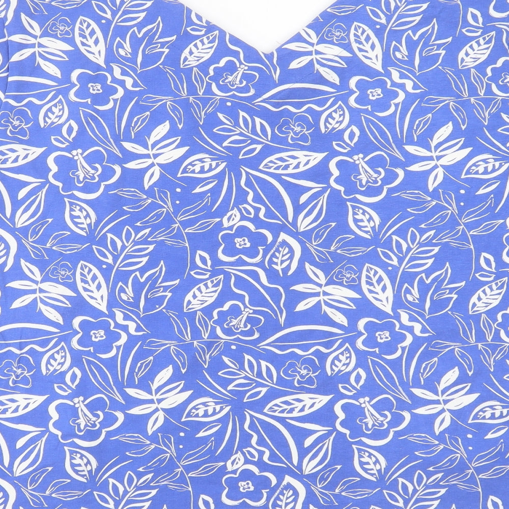 Nutmeg Womens Blue Floral Cotton Basic T-Shirt Size 24 V-Neck