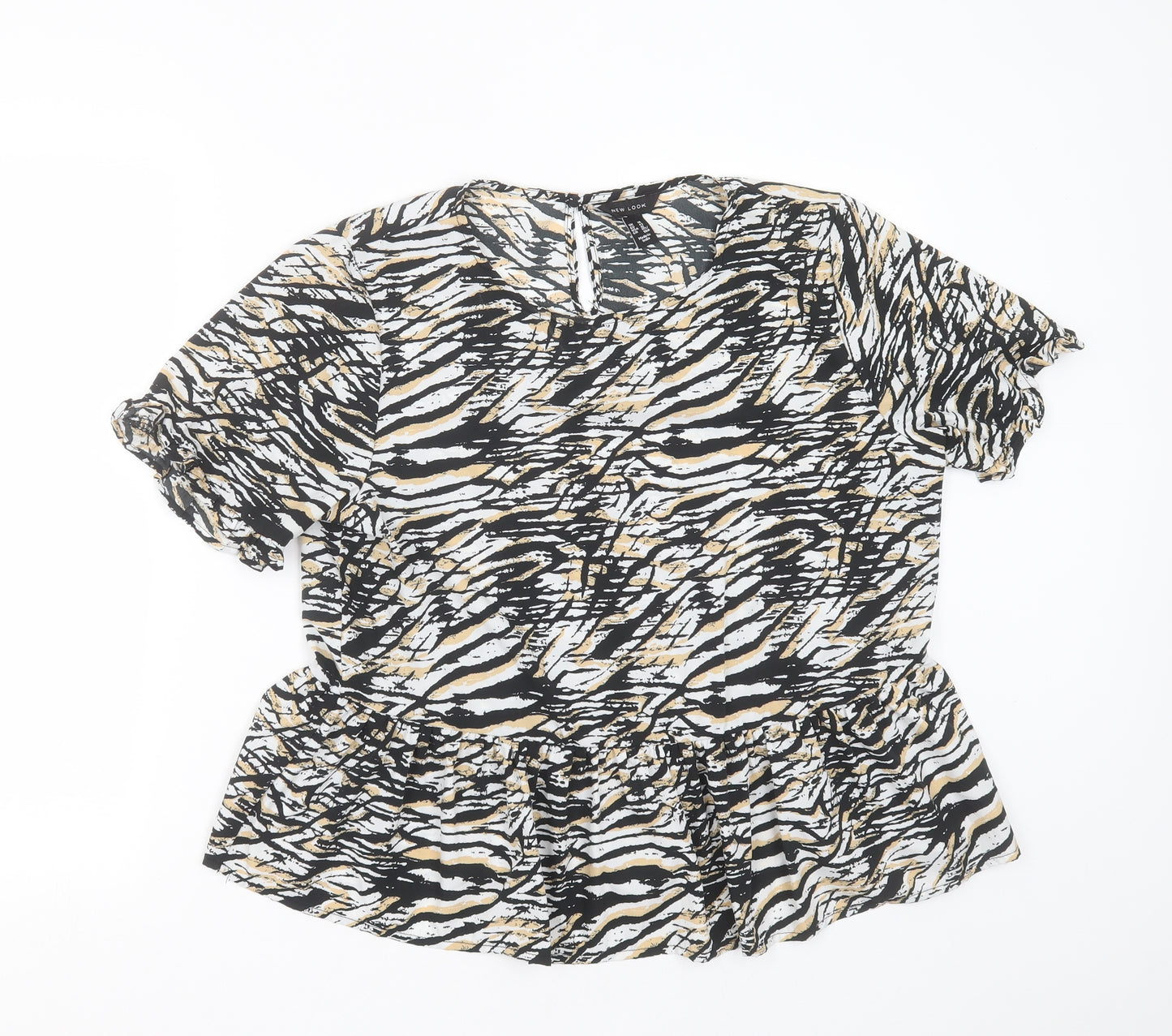 New Look Womens Black Animal Print Polyester Basic Blouse Size 14 Round Neck