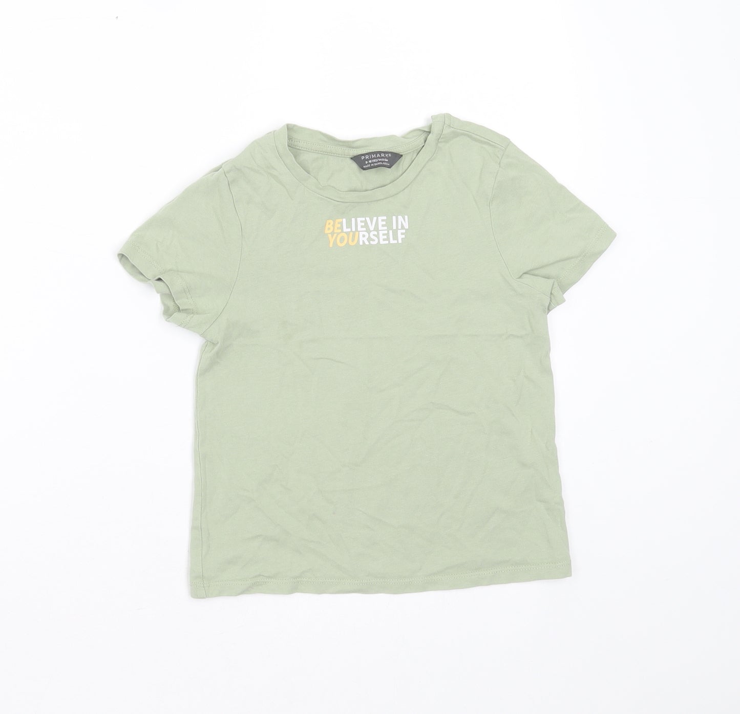Primark Boys Green  Cotton Basic T-Shirt Size 9-10 Years Round Neck  - Believe in yourself