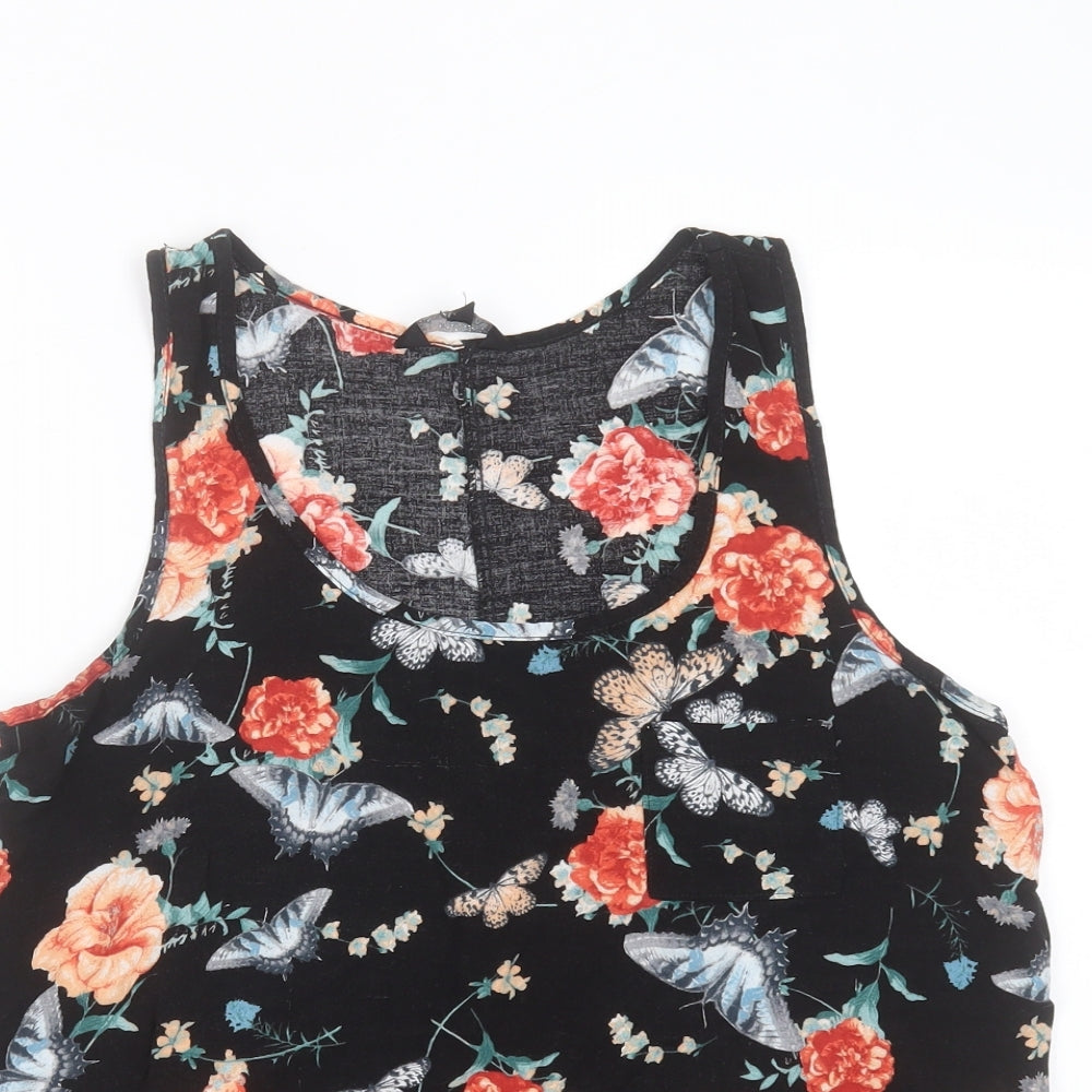 Peacocks Womens Black Floral Viscose Basic Blouse Size 14 Round Neck