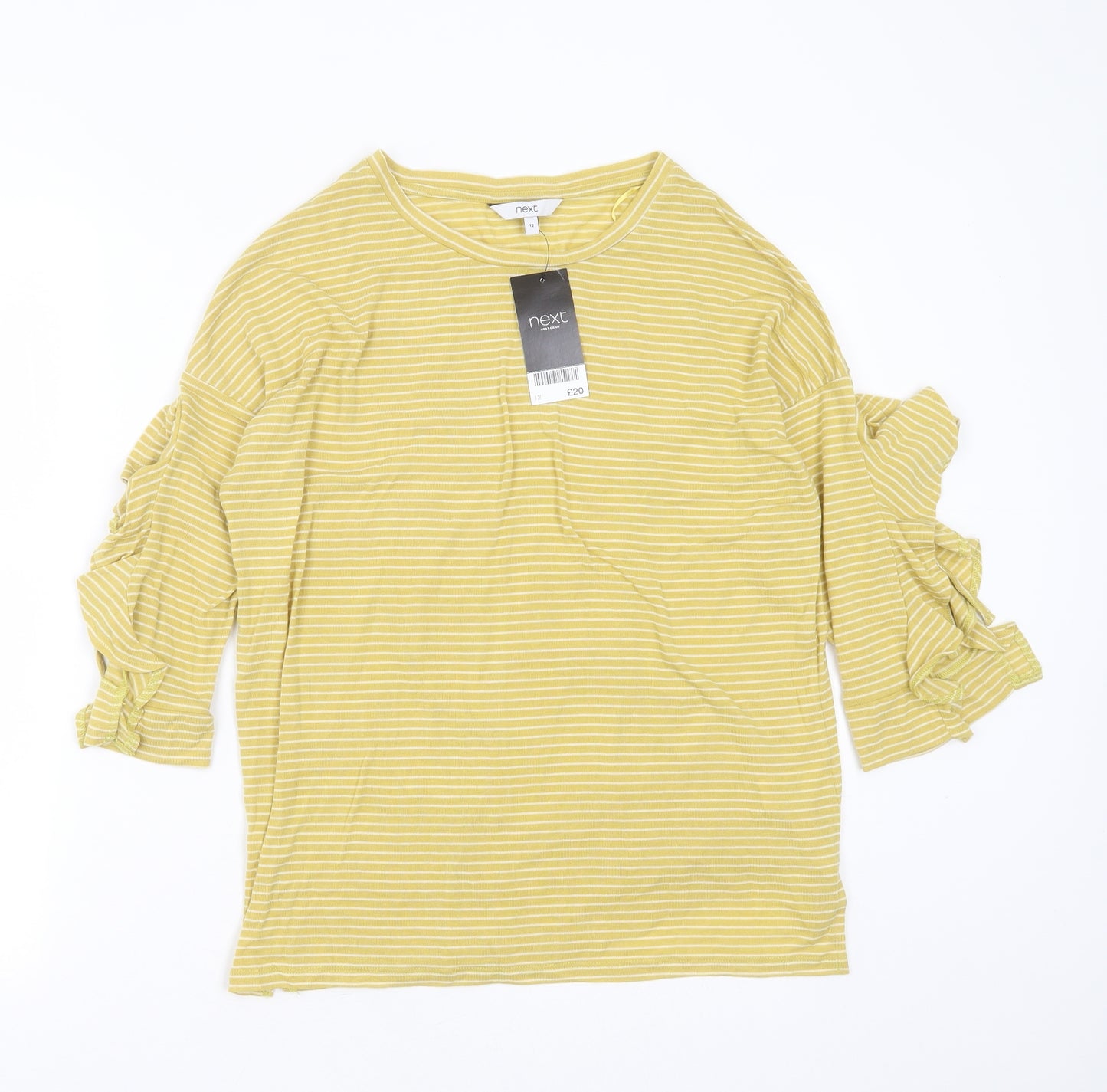 NEXT Womens Yellow Striped Polyester Basic T-Shirt Size 12 Round Neck