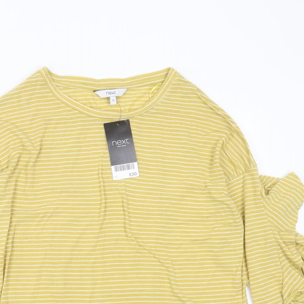 NEXT Womens Yellow Striped Polyester Basic T-Shirt Size 12 Round Neck