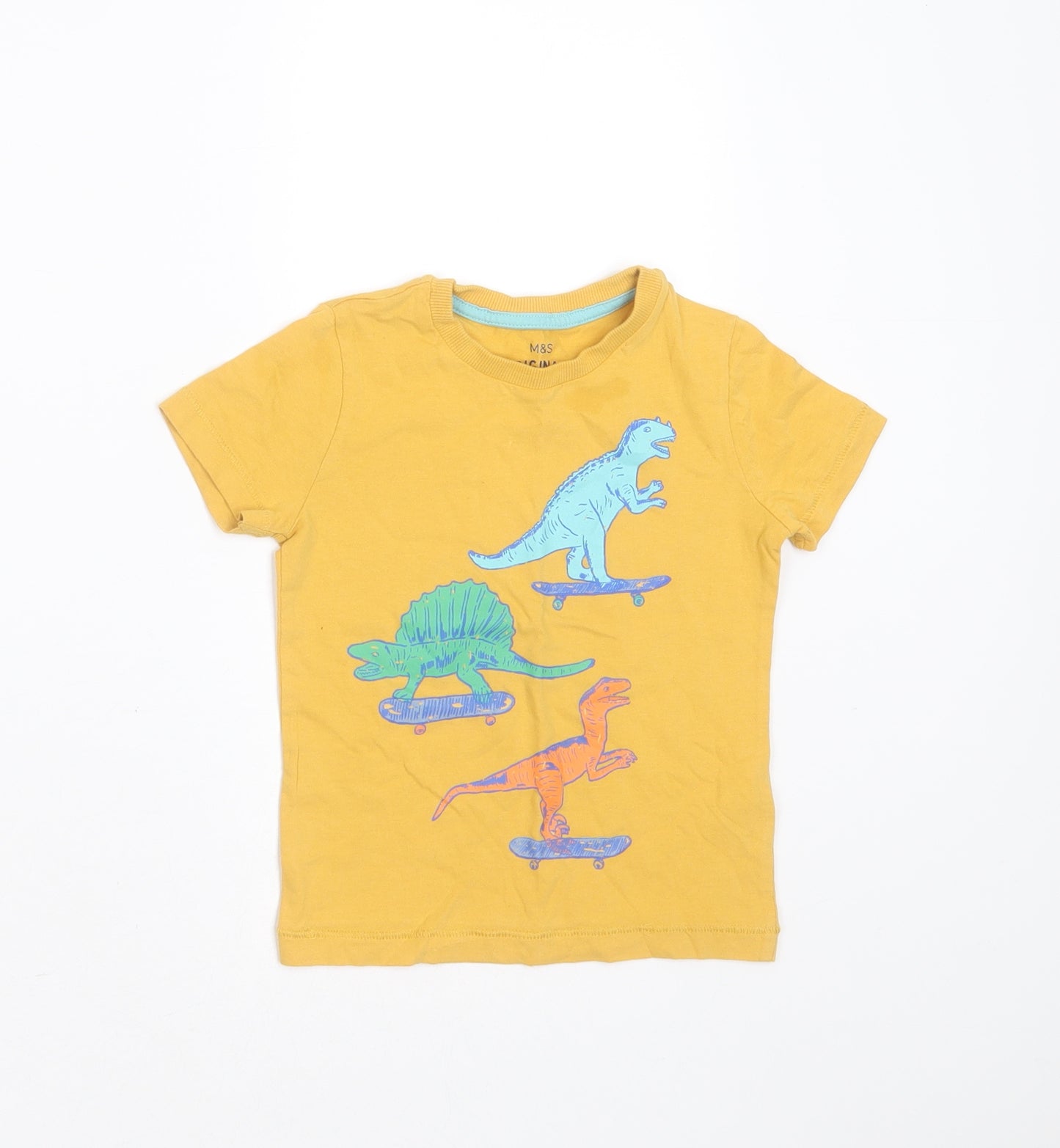 Marks and Spencer Boys Yellow  Cotton Basic T-Shirt Size 2-3 Years Round Neck  - dinosaur