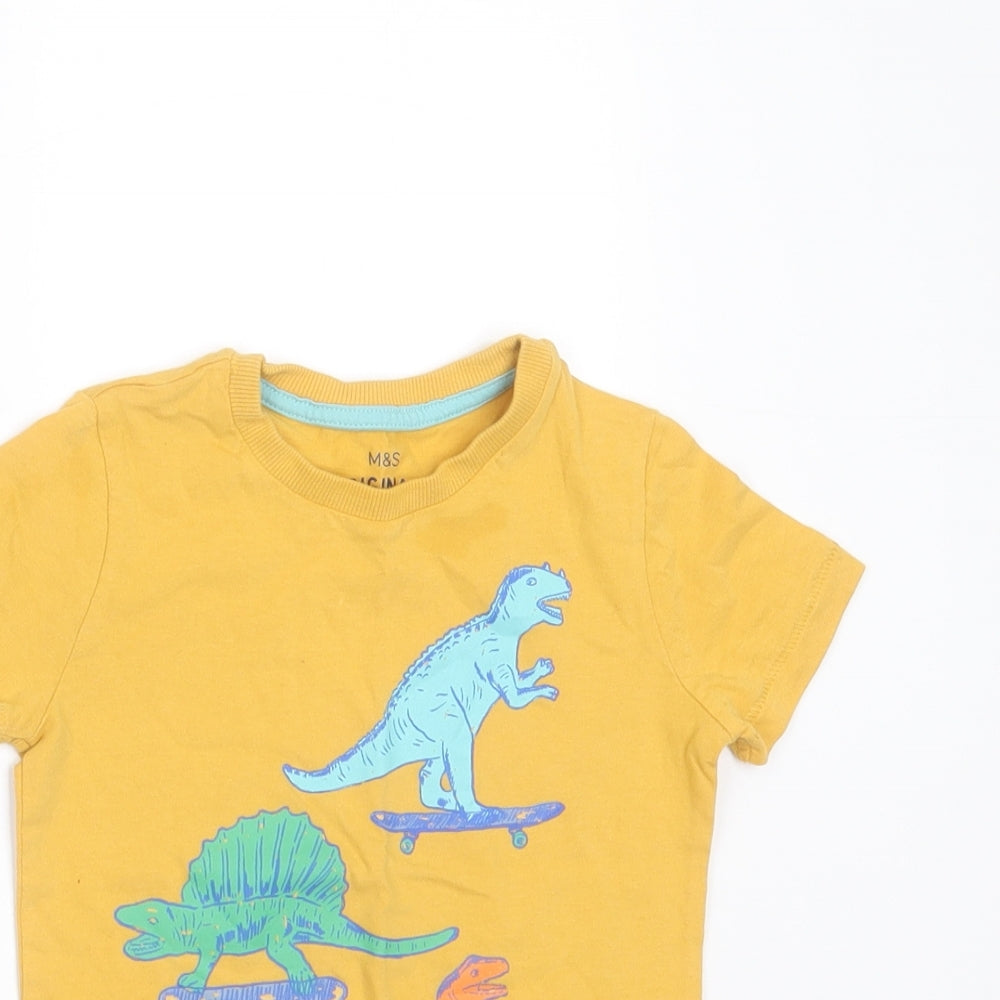 Marks and Spencer Boys Yellow  Cotton Basic T-Shirt Size 2-3 Years Round Neck  - dinosaur