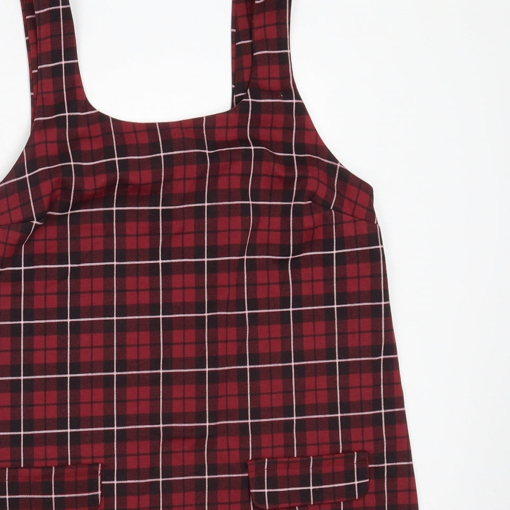 New Look Womens Red Check Polyester Pinafore/Dungaree Dress  Size 12  Square Neck