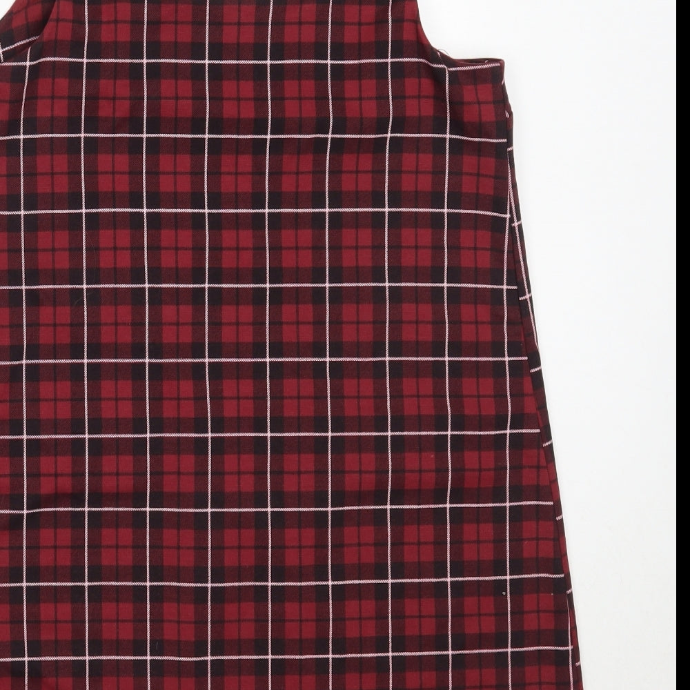 New Look Womens Red Check Polyester Pinafore/Dungaree Dress  Size 12  Square Neck