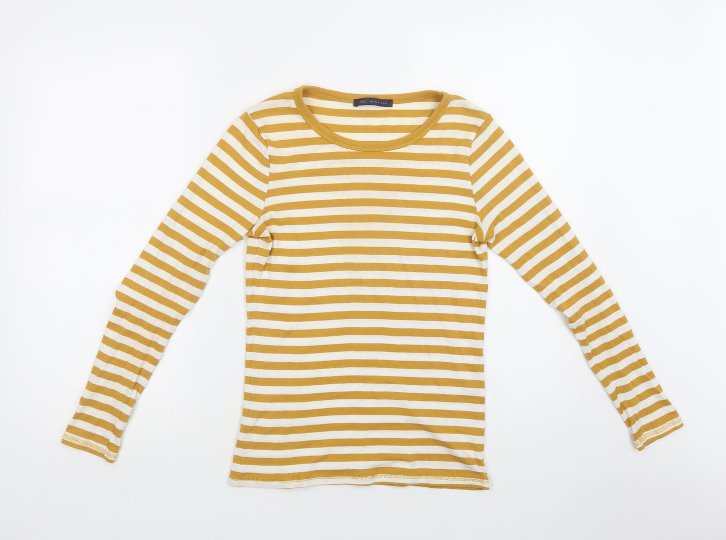 M&S Womens Yellow Striped Cotton Basic T-Shirt Size 8 Crew Neck