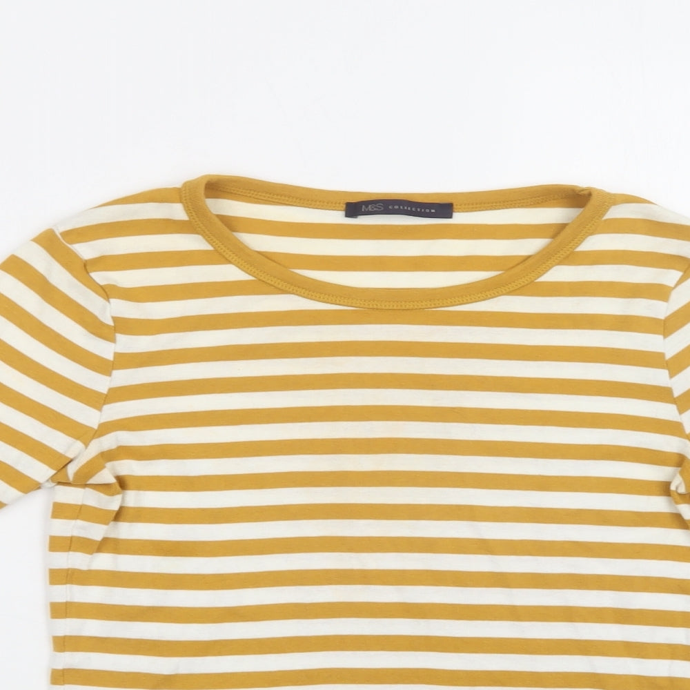 M&S Womens Yellow Striped Cotton Basic T-Shirt Size 8 Crew Neck